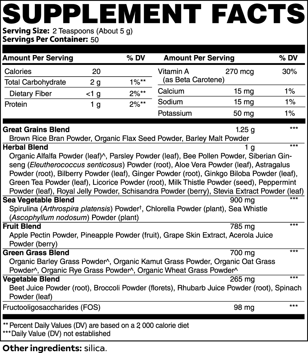 SUPER GREENS supplement facts panel