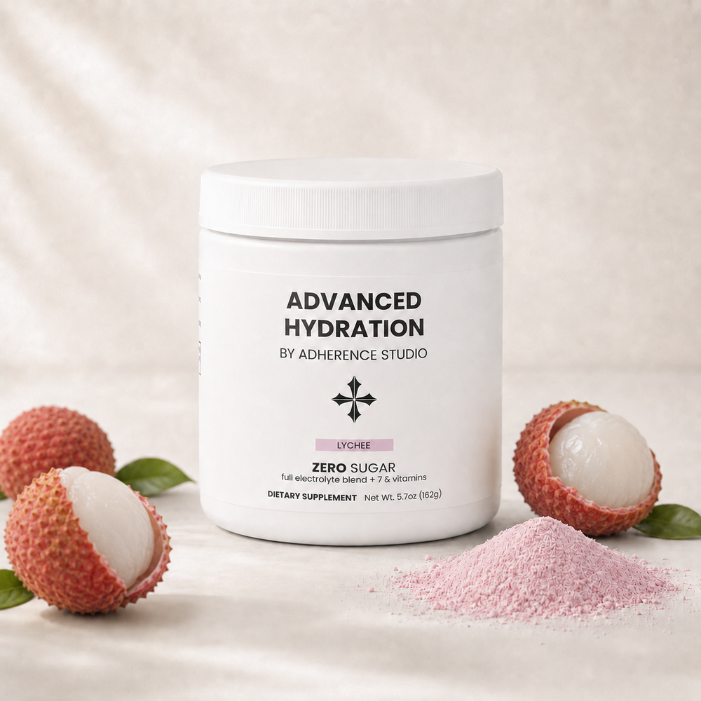 Advanced Hydration Lychee canister with fresh lychee fruit and powder