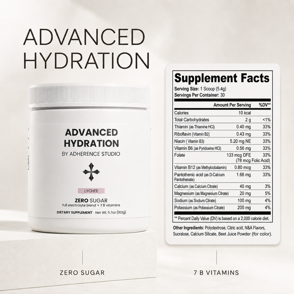Advanced Hydration supplement facts panel showing full electrolyte and B vitamin amounts